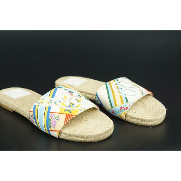 Tory Burch Benton Espadrille Slide Sandals Size 5.5 Multi Band $255 Logo - Picture 2 of 11